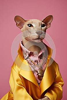 Elegant panter wearing colorful clothes on a pink background. Generative AI