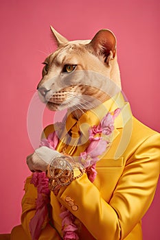 Elegant panter wearing colorful clothes on a pink background. Generative AI