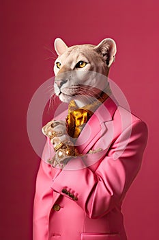 Elegant panter wearing colorful clothes on a pink background. Generative AI