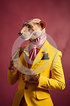 Elegant panter wearing colorful clothes on a pink background. Generative AI