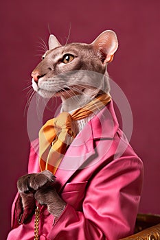 Elegant panter wearing colorful clothes on a pink background. Generative AI