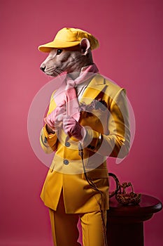 Elegant panter wearing colorful clothes on a pink background. Generative AI