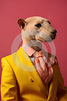 Elegant panter wearing colorful clothes on a pink background. Generative AI