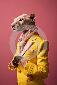 Elegant panter wearing colorful clothes on a pink background. Generative AI