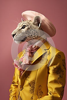 Elegant panter wearing colorful clothes on a pink background. Generative AI