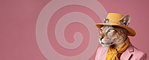 Elegant panter wearing colorful clothes on a pink background. Generative AI