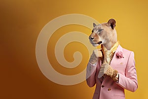 Elegant panter wearing colorful clothes on a pink background. Generative AI