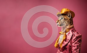 Elegant panter wearing colorful clothes on a pink background. Generative AI