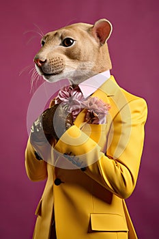 Elegant panter wearing colorful clothes on a pink background. Generative AI