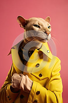 Elegant panter wearing colorful clothes on a pink background. Generative AI