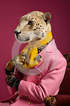 Elegant panter wearing colorful clothes on a pink background. Generative AI