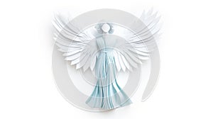 Elegant paper art of an angel with expansive wings in white and soft blue, set against a pristine background