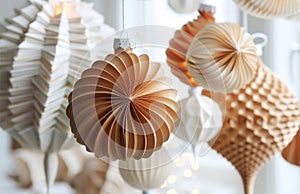Elegant paper ornaments suspended against bright window, showcasing intricate craftsmanship and soft color palette.