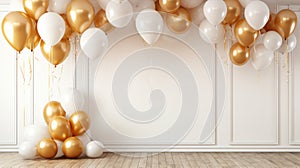 An elegant party display with a minimalist frame and clusters of metallic, helium-filled balloons