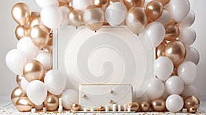An elegant party display with a minimalist frame and clusters of metallic, helium-filled balloons