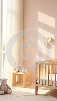 Elegant pastel-hued nursery room featuring plush teddy bears, minimalist wooden furniture sunlit