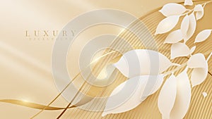 Elegant pastel light brown abstract background combined with golden lines curves and leaves 3d paper cut style elements.