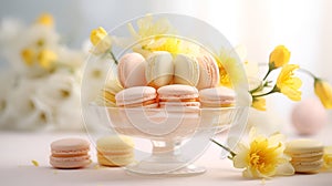 Elegant Pastel Mascarpone Cakes in Vase with Yellow Spring Flowers