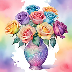 Elegant pastel watercolor roses in vase