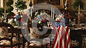 Elegant Patriotic Dining Room Setup with American Flag and Floral Decorations