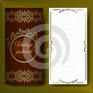 Elegant pattern, luxurious card with lace ornaments and place for text. Floral elements on a dark red background on