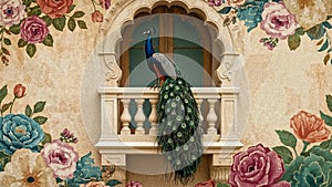 Peacock Mural with Floral Arch