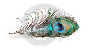 Elegant peacock feather with vibrant blue and green hues isolated on a white background