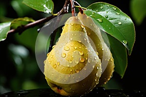 Elegant Pear Drops: Pears with Water Droplets on a Black Background with Leaves - Generative AI