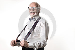 Elegant pensioner showing his new suspenders