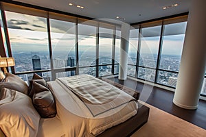 elegant penthouse bedroom with kingsize bed and panorama city view photo