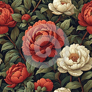 Elegant Peonies Floral Seamless Pattern on Dark Background