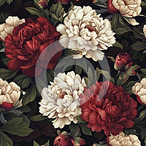 Elegant Peonies Floral Seamless Pattern on Dark Background