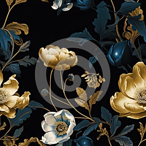 Elegant Peonies Floral Seamless Pattern on Dark Background