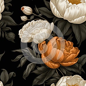 Elegant Peonies Floral Seamless Pattern on Dark Background