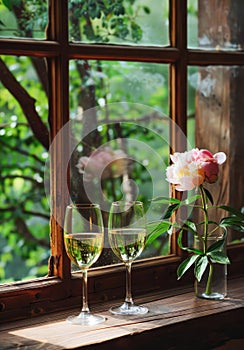 Elegant Peonies and Sparkling Wine Glasses by a Sunny Window Sill