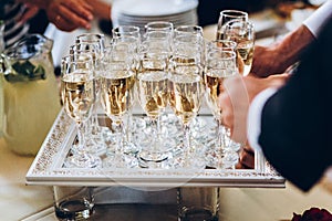 Elegant people holding glasses of champagne at luxury wedding re