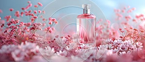 Elegant Perfume Bottle Amidst Blossoms. Concept Luxurious Fragrance, Floral Aesthetics,