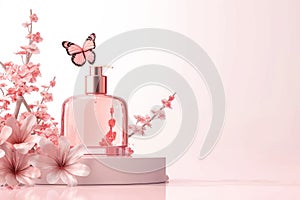 Elegant perfume bottle amidst pink cherry blossoms with a delicate butterfly, evoking spring and femininity