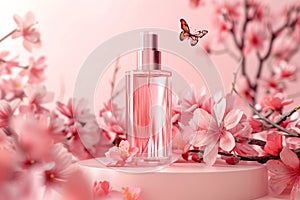 Elegant perfume bottle amidst pink cherry blossoms with a delicate butterfly, evoking spring and femininity