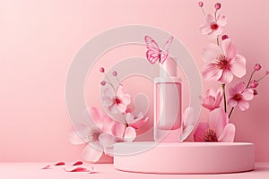 Elegant perfume bottle amidst pink cherry blossoms with a delicate butterfly, evoking spring and femininity