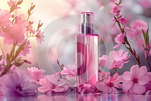 Elegant perfume bottle amidst pink cherry blossoms with a delicate butterfly, evoking spring and femininity