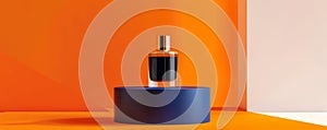 Elegant perfume bottle on a minimalist blue podium against an orange background