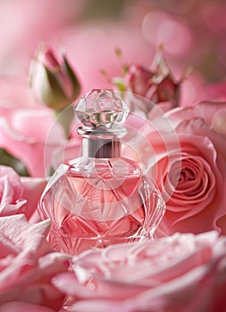 Elegant Perfume Bottle Surrounded by Delicate Pink Roses and Petals