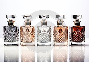 Elegant perfume bottles, with different fragrances, on a white background. AI generated