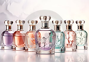 Elegant perfume bottles, with different fragrances, on a white background. AI generated