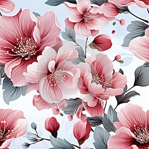 Elegant pink cherry blossom design on sky-blue background. Seamless Floral Pattern Design