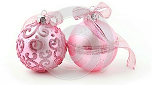 Elegant Pink Christmas Ornaments and Ribbons on White Background