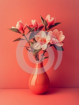 Elegant Pink Floral Arrangement in a Vibrant Red Vase Against a Warm Coral Background