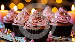 Elegant Pink Frosted Cupcakes with Gold Accents. Generative ai