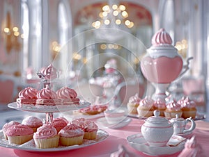 Elegant Pink Pastries and Fine China in a Beautifully Decorated Classic Tearoom Setting with Luxurious Decor